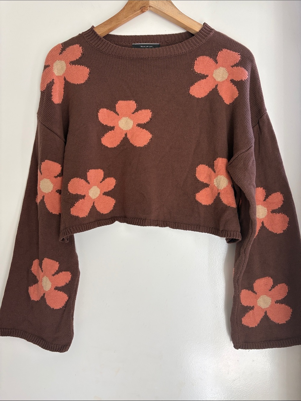Blue Blush Brown Floral Cropped Sweater Coral Flower Knit Y2K S